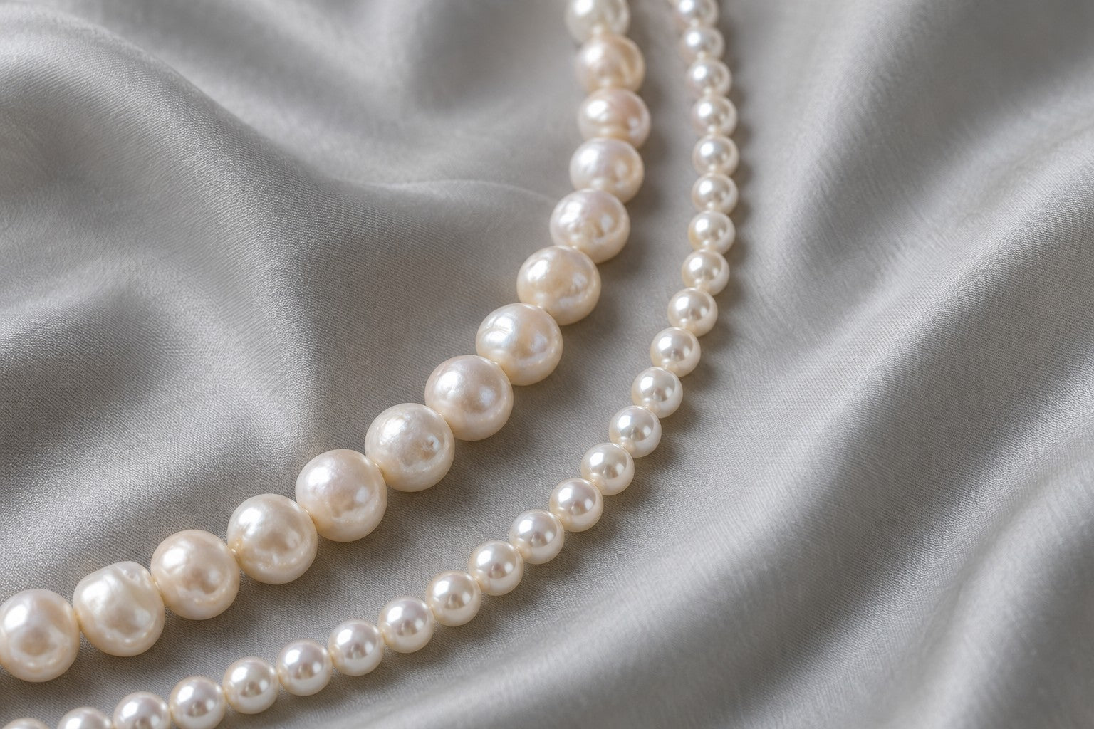 A strand of freshwater pearls beside a strand of smaller, rounder Akoya pearls on pale grey silk