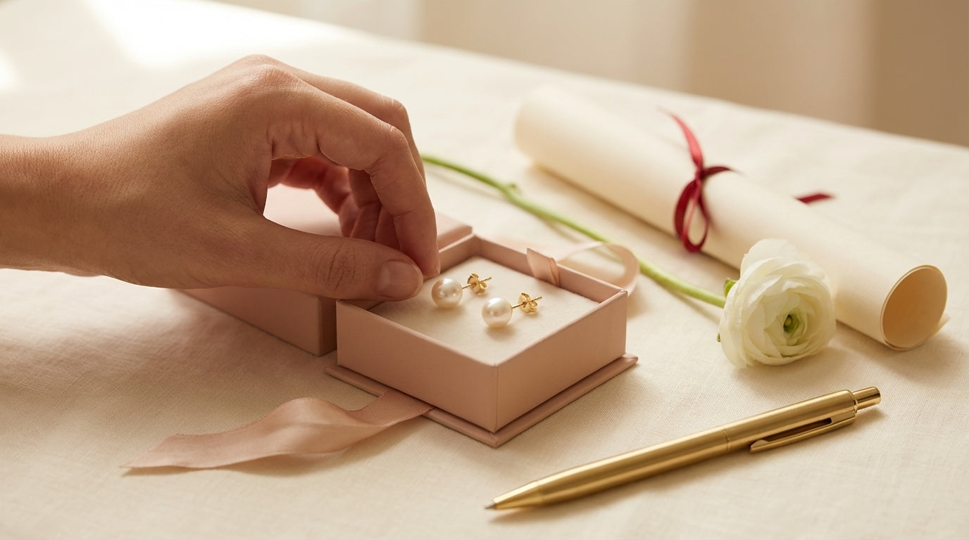 A pearl jewelry gift box beside a graduation scroll — pearl jewelry graduation gift ideas