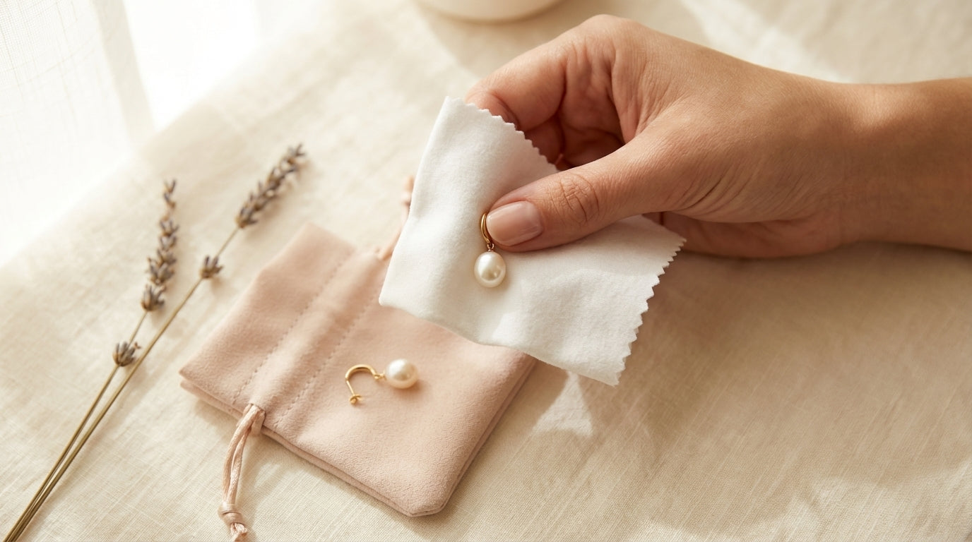 A hand gently cleaning a freshwater pearl earring with a soft cloth — pearl jewelry care