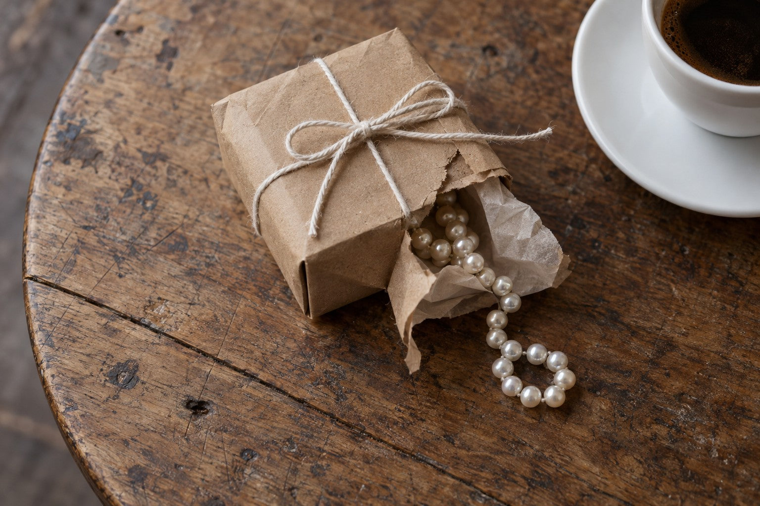 A strand of pearls spilling from a kraft paper gift on a round wooden cafe table beside a cup of coffee