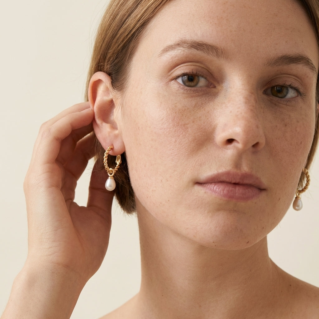 Editorial on-model image - Caellia 14K Gold Hoop Freshwater Pearl Earrings