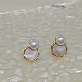 Two gold-rimmed earrings, each with a white pearl atop a mother-of-pearl disc.