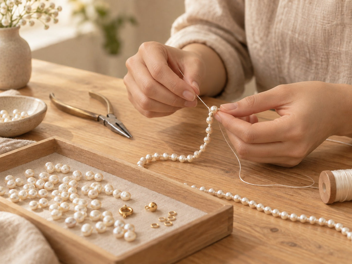 Hands knotting a strand of freshwater pearls on silk thread at a jeweler's workbench