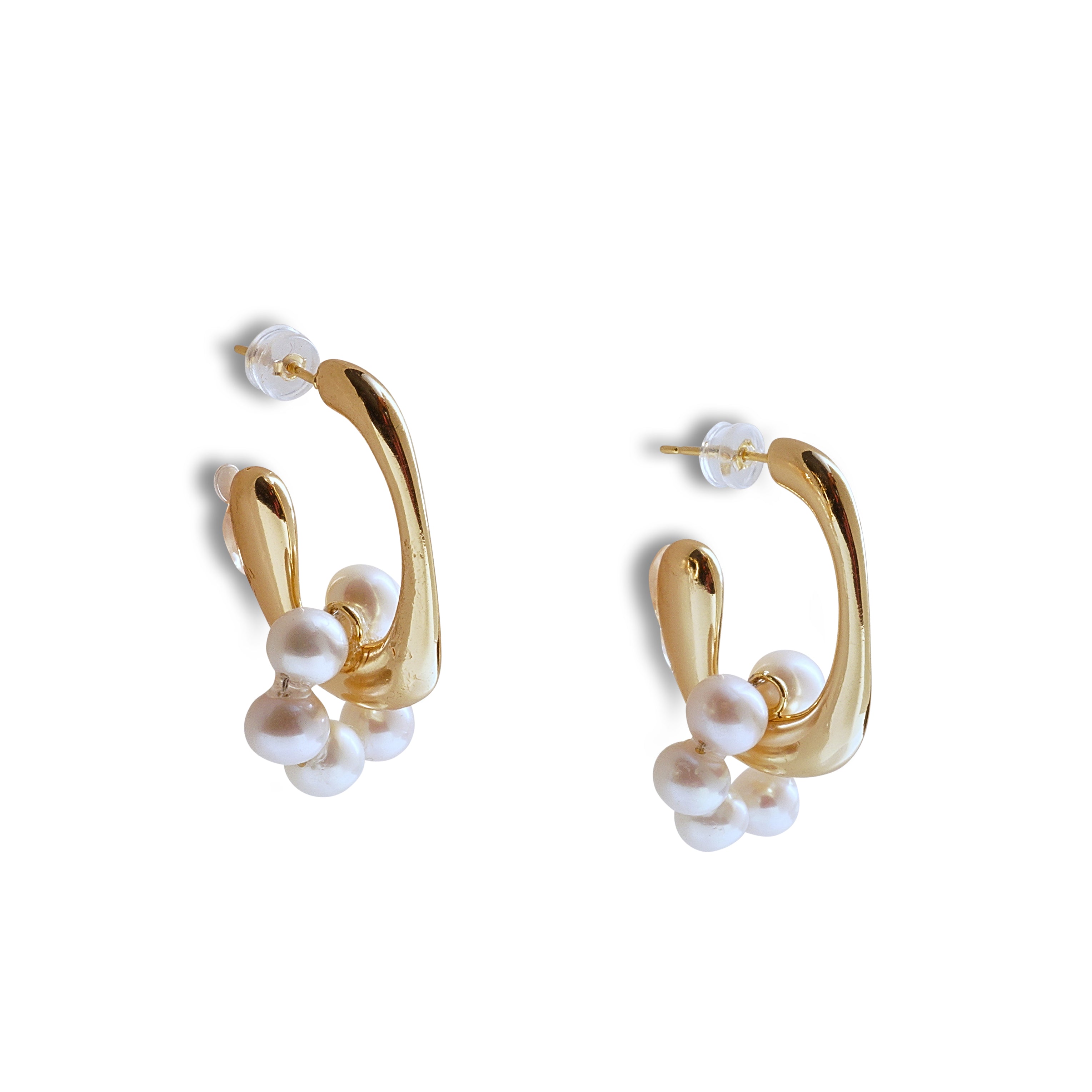Gold hoop earrings with a cluster of white pearls.