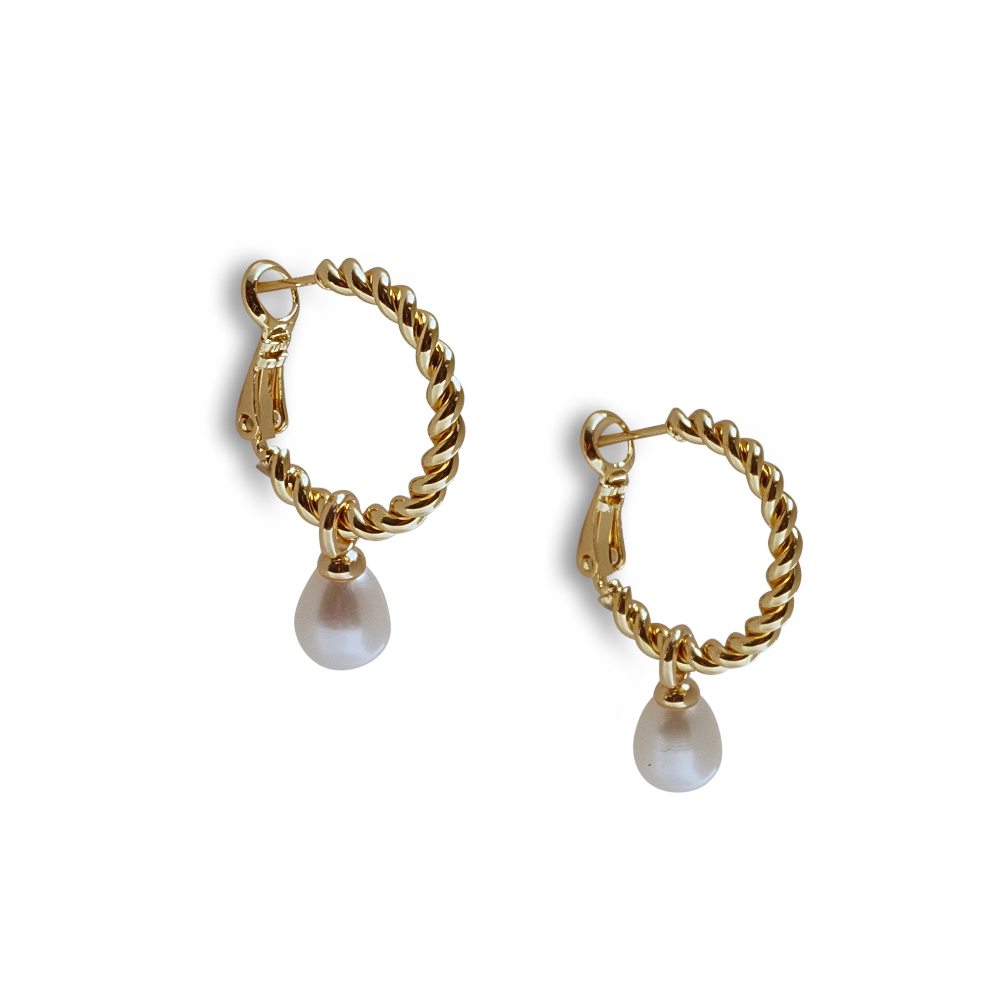 Two 14K gold-plated twisted hoop earrings with a single teardrop pearl dangle.