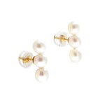 Two pearl earrings, each with three white pearls in a vertical line, are shown.