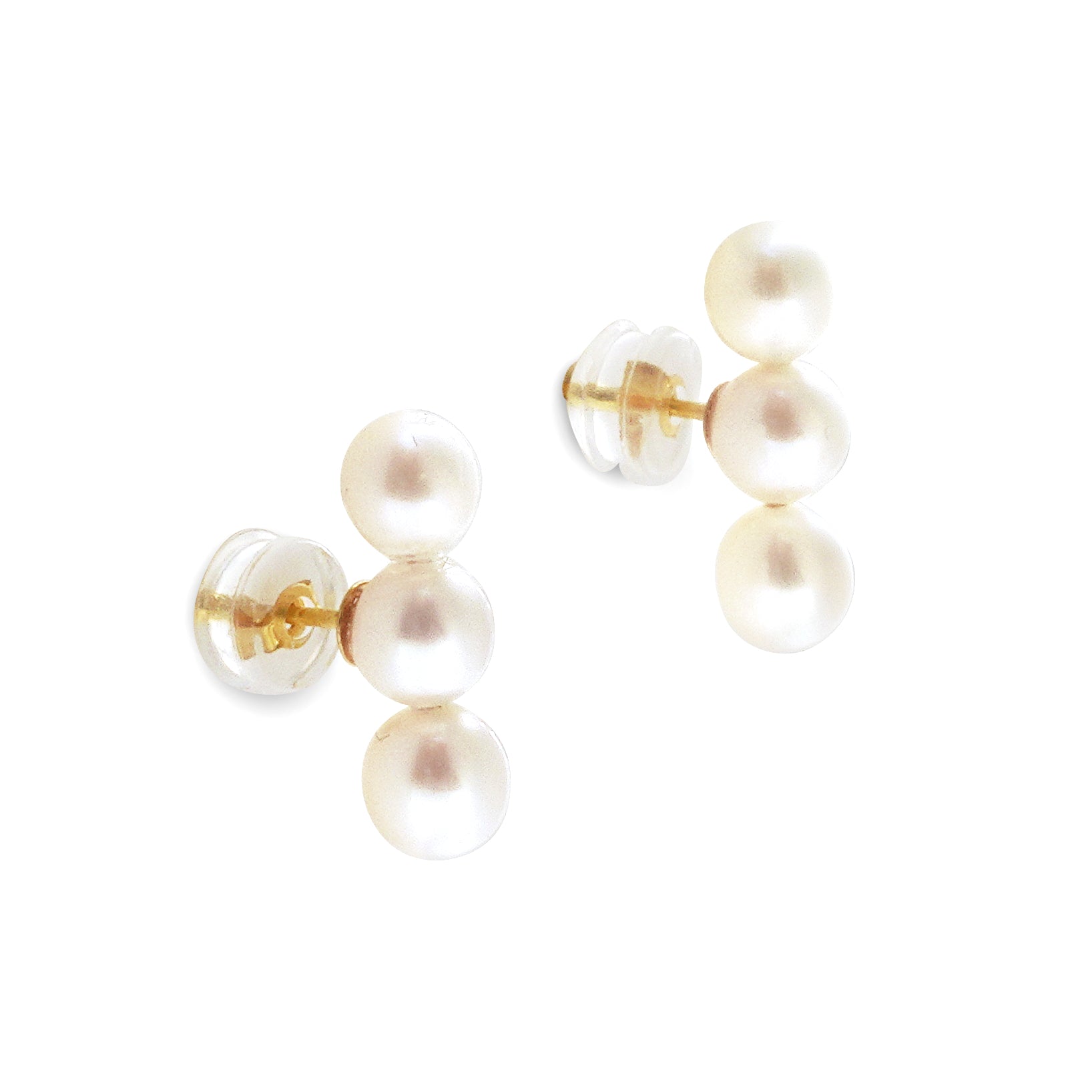 Two pearl earrings, each with three white pearls in a vertical line, are shown.