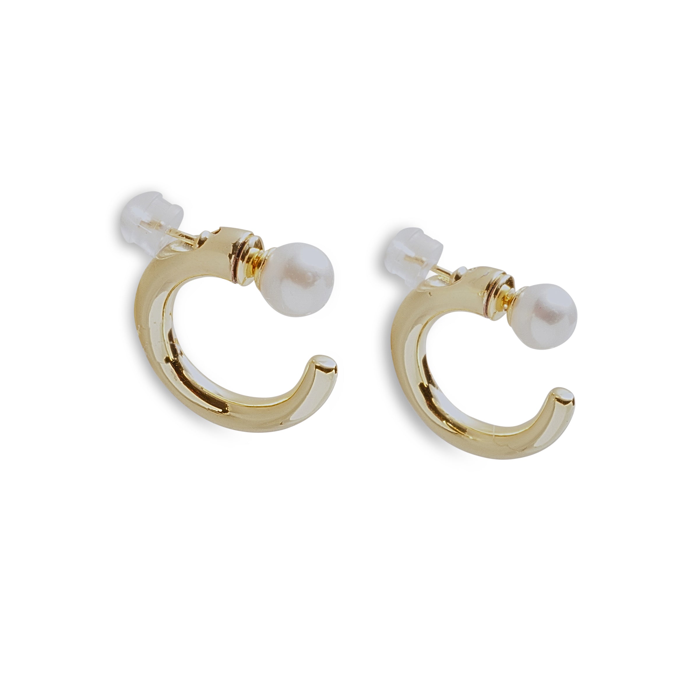Gold-plated hoop earrings with a single white pearl on each.