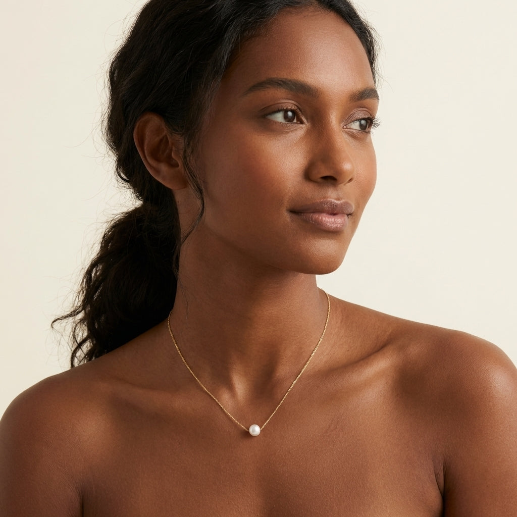 Editorial on-model image - Caellia Sterling Silver Dainty Freshwater Pearl Pendant Necklace