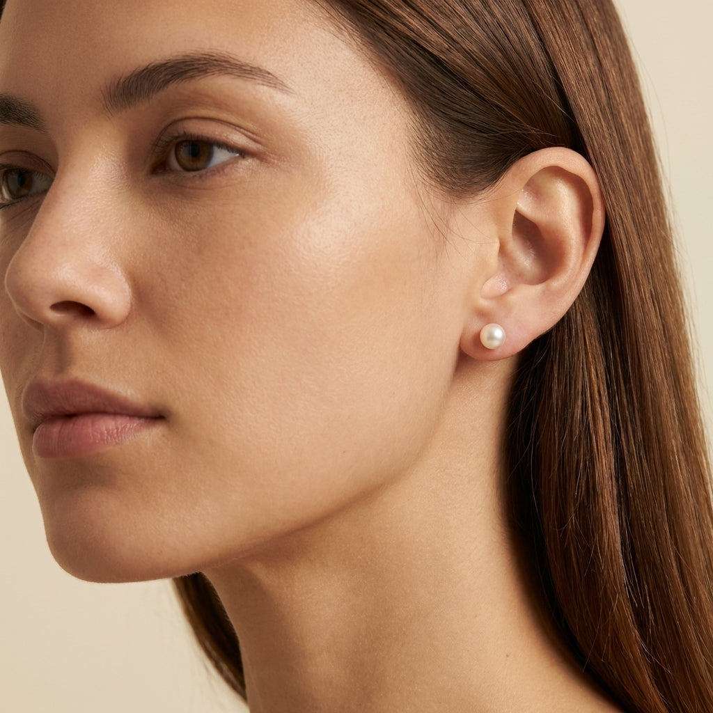 Editorial on-model image - Caellia 18K Gold Sterling Silver Freshwater Pearl Stud Earrings