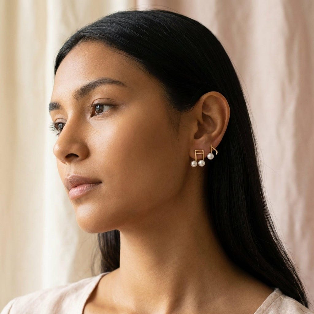 A model wears Caellia 14K gold musical note stud earrings accented with freshwater pearls.