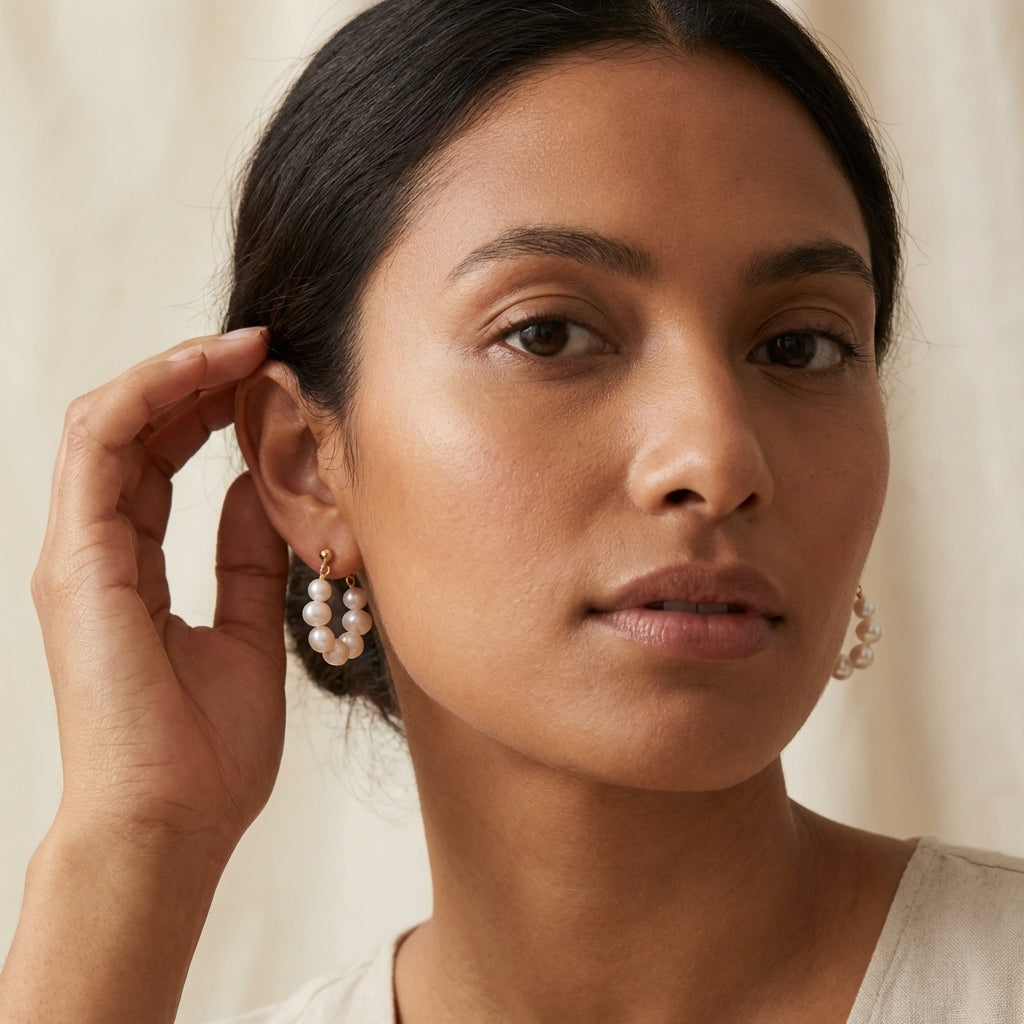 A model wears Caellia sterling silver hoop earrings featuring a ringlet of freshwater pearls.