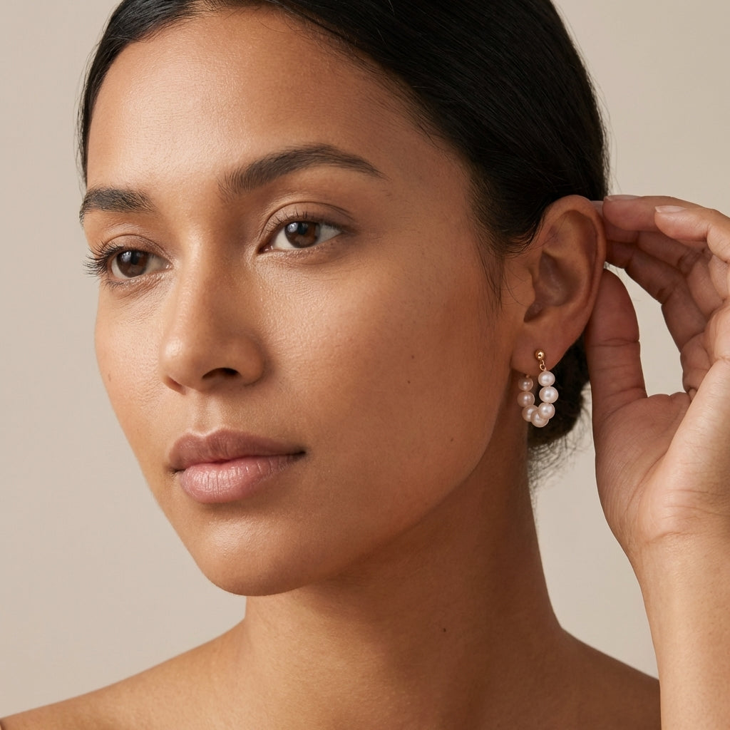 Editorial on-model image - Caellia Sterling Silver Freshwater Pearl Hoop Earrings