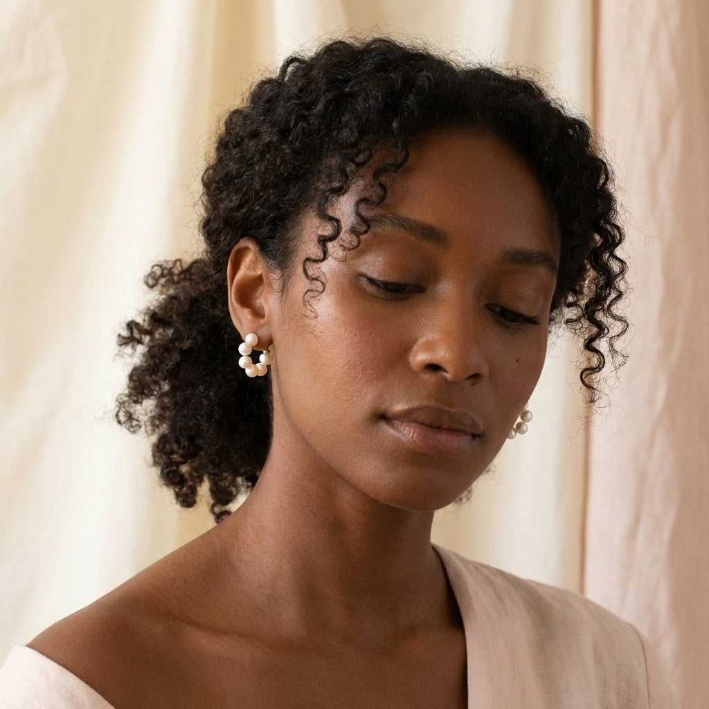 Editorial on-model image - Catbird-inspired - Caellia 14K Gold Plated Silver Flower Freshwater Pearl Earrings