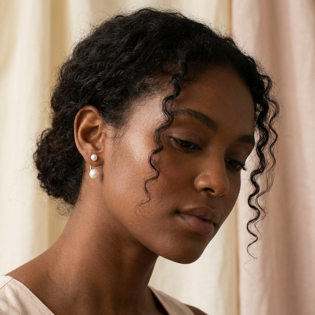 Editorial on-model image - Catbird-inspired - Caellia Sterling Silver Double Freshwater Pearl Stud Earrings