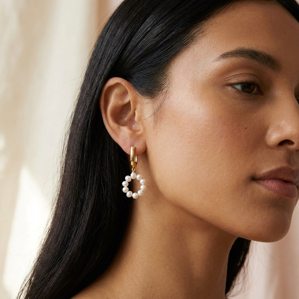 A model wears Caellia 14K gold hoop earrings featuring a dangling circular freshwater pearl charm.