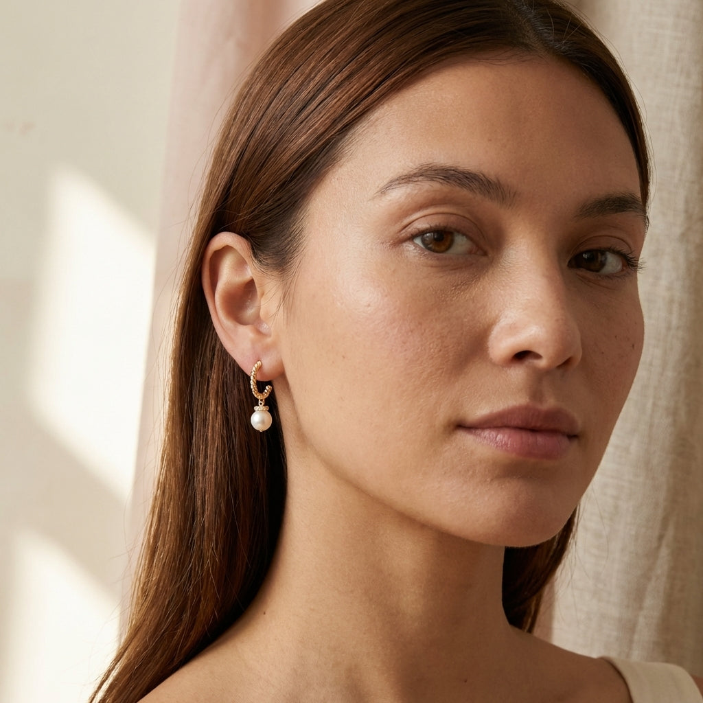 A model wears Caellia 14K gold half hoop earrings featuring a dangling freshwater pearl.