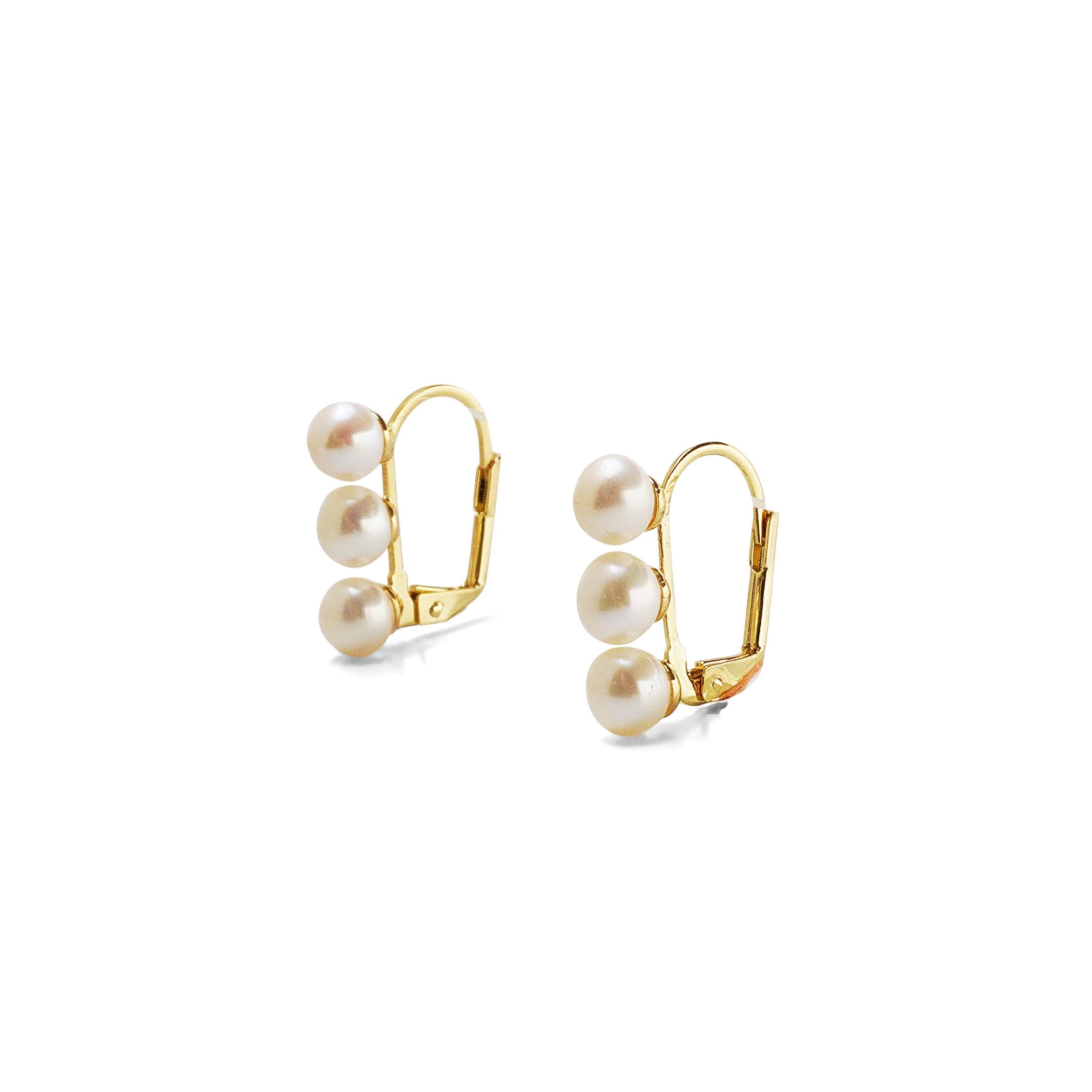 Caellia 14K gold plated drop earrings featuring three freshwater pearls in a vertical row.