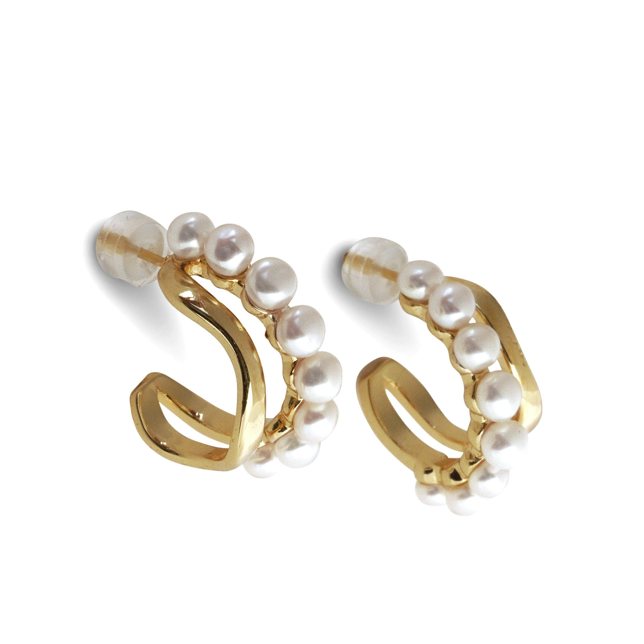 Caellia 14K gold filled hoop earrings featuring a row of lustrous freshwater pearls.