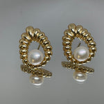 CAELLIA vintage style earrings featuring a freshwater pearl set in a gold ribbed drop frame.