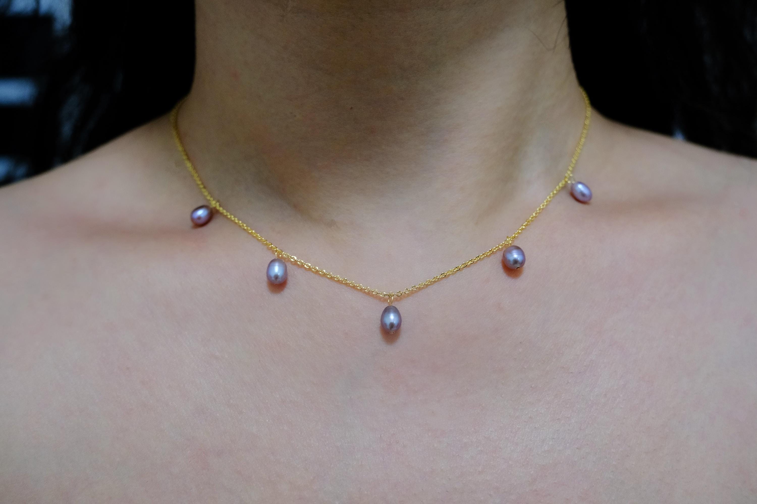 CAELLIA dainty lavender freshwater pearl choker necklace on a 14k gold plated chain.