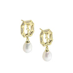 CAELLIA gold-plated earrings featuring a vintage rose frame and a dangling freshwater pearl.