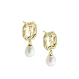 CAELLIA gold-plated earrings featuring a vintage rose frame and a dangling freshwater pearl.