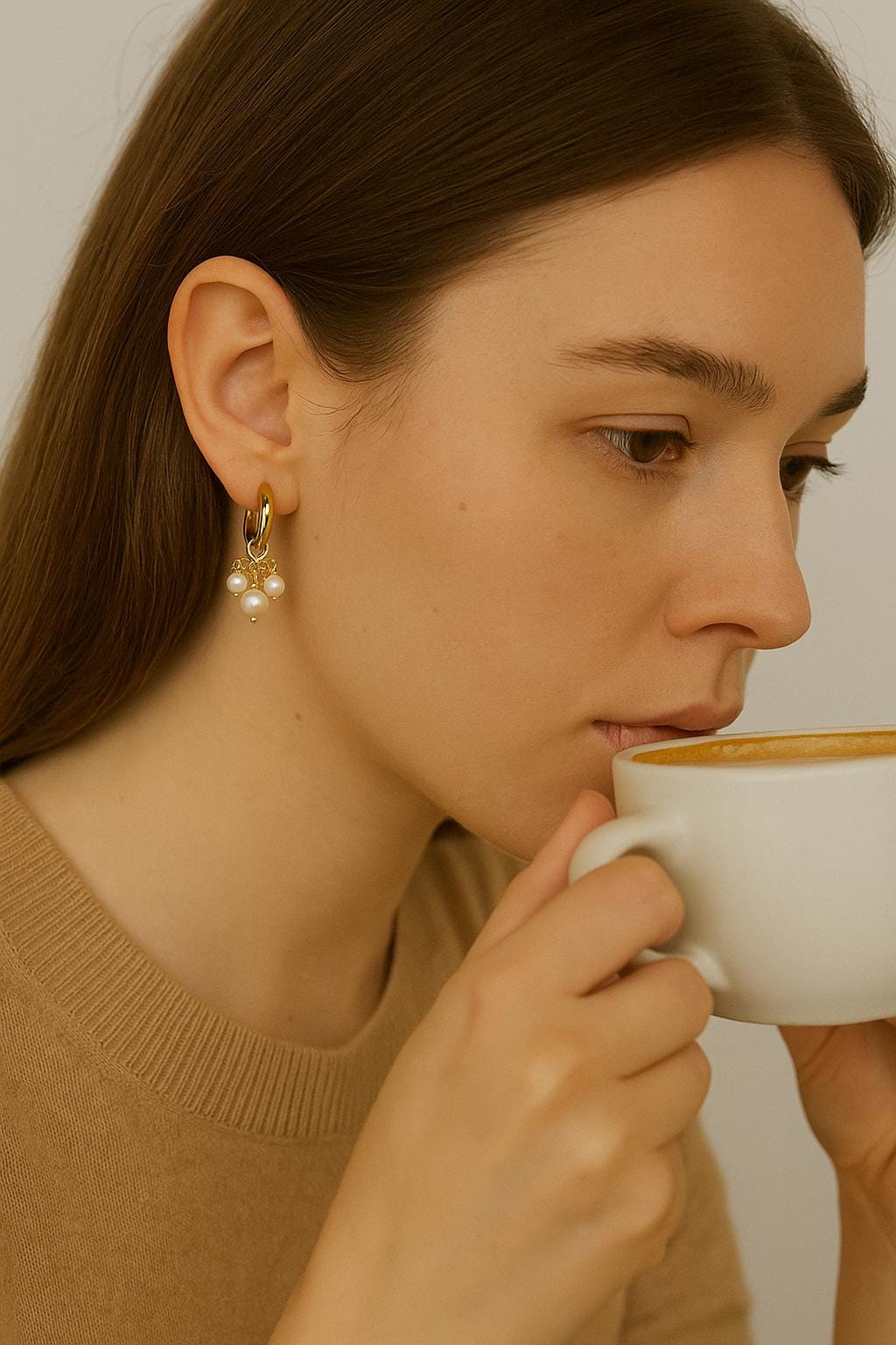 A woman wears Caellia 14K gold huggie hoop earrings featuring three small freshwater pearls.