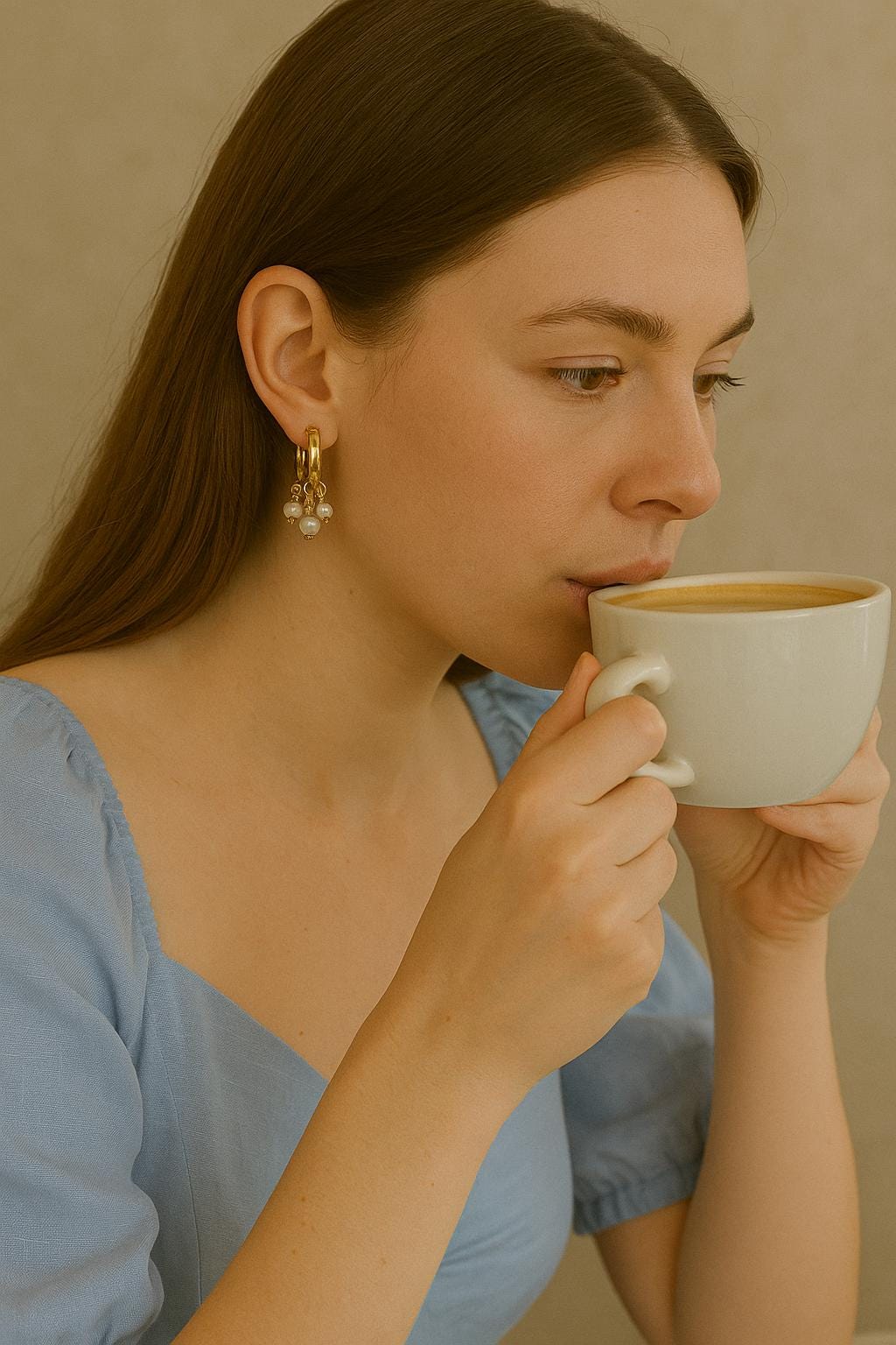 A woman wears Caellia 14K gold huggie hoop earrings featuring delicate freshwater pearl charms.