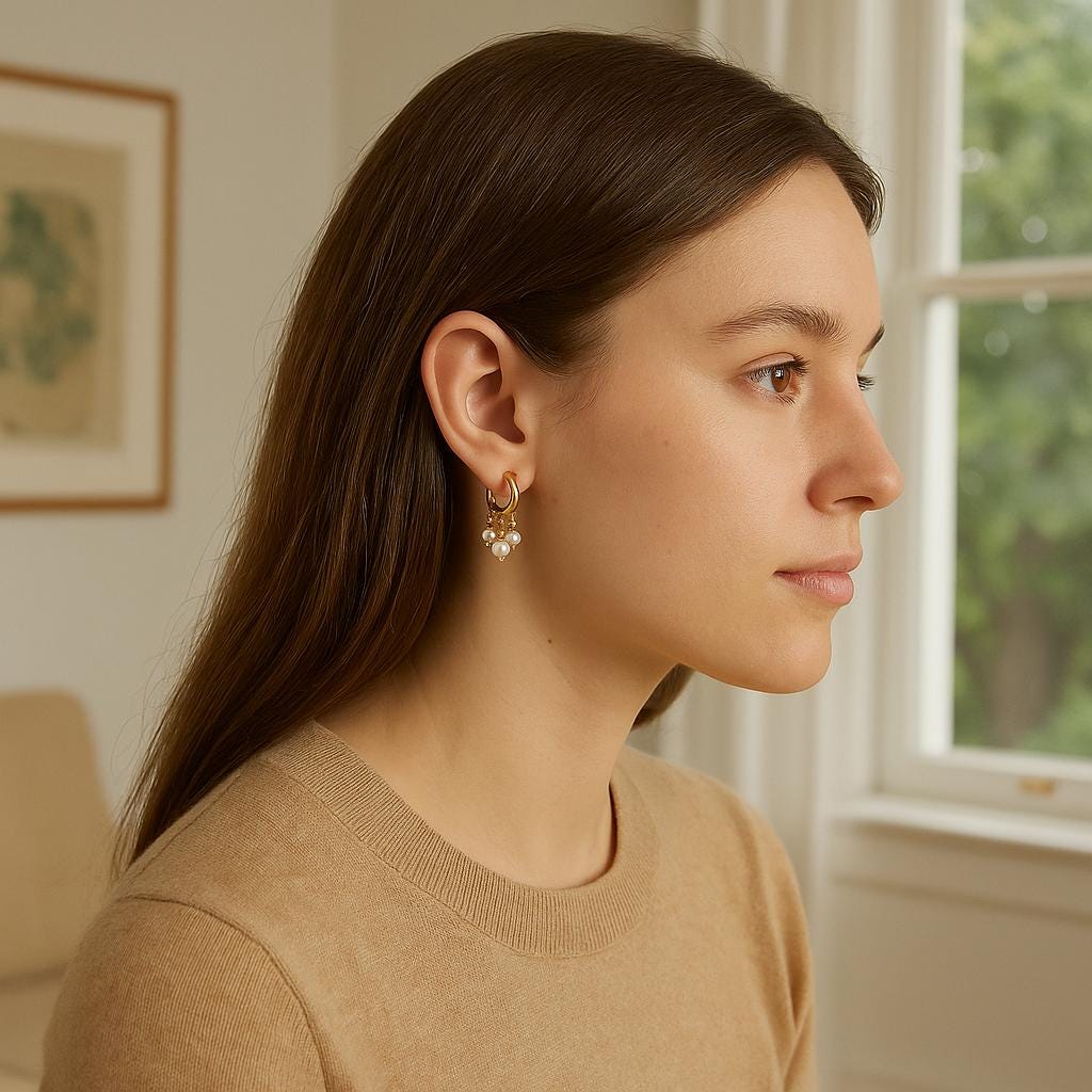 A woman wearing Caellia 14K gold huggie hoop earrings featuring dangling freshwater pearls.