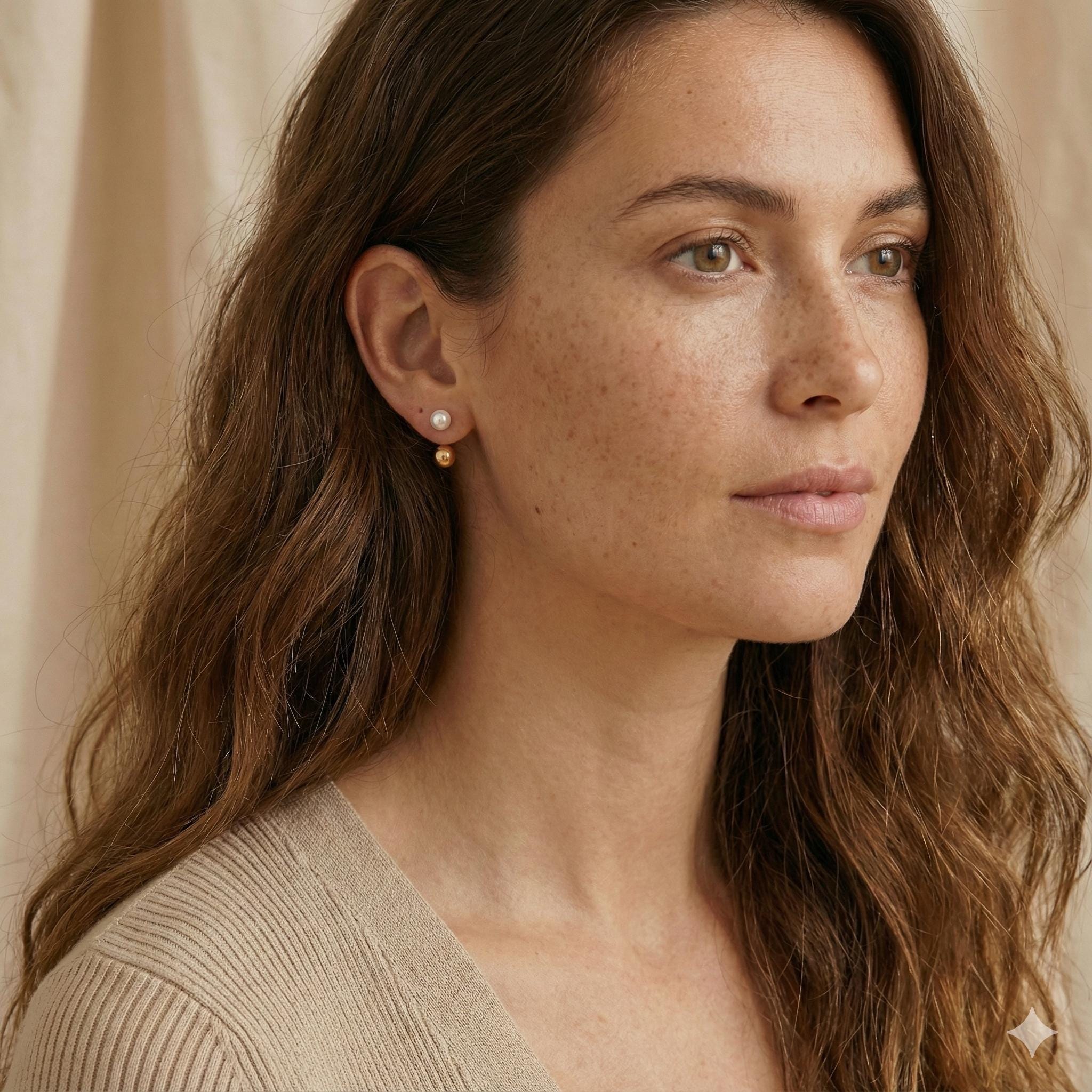 A woman wearing Caellia 14K gold double-sided freshwater pearl stud earrings.