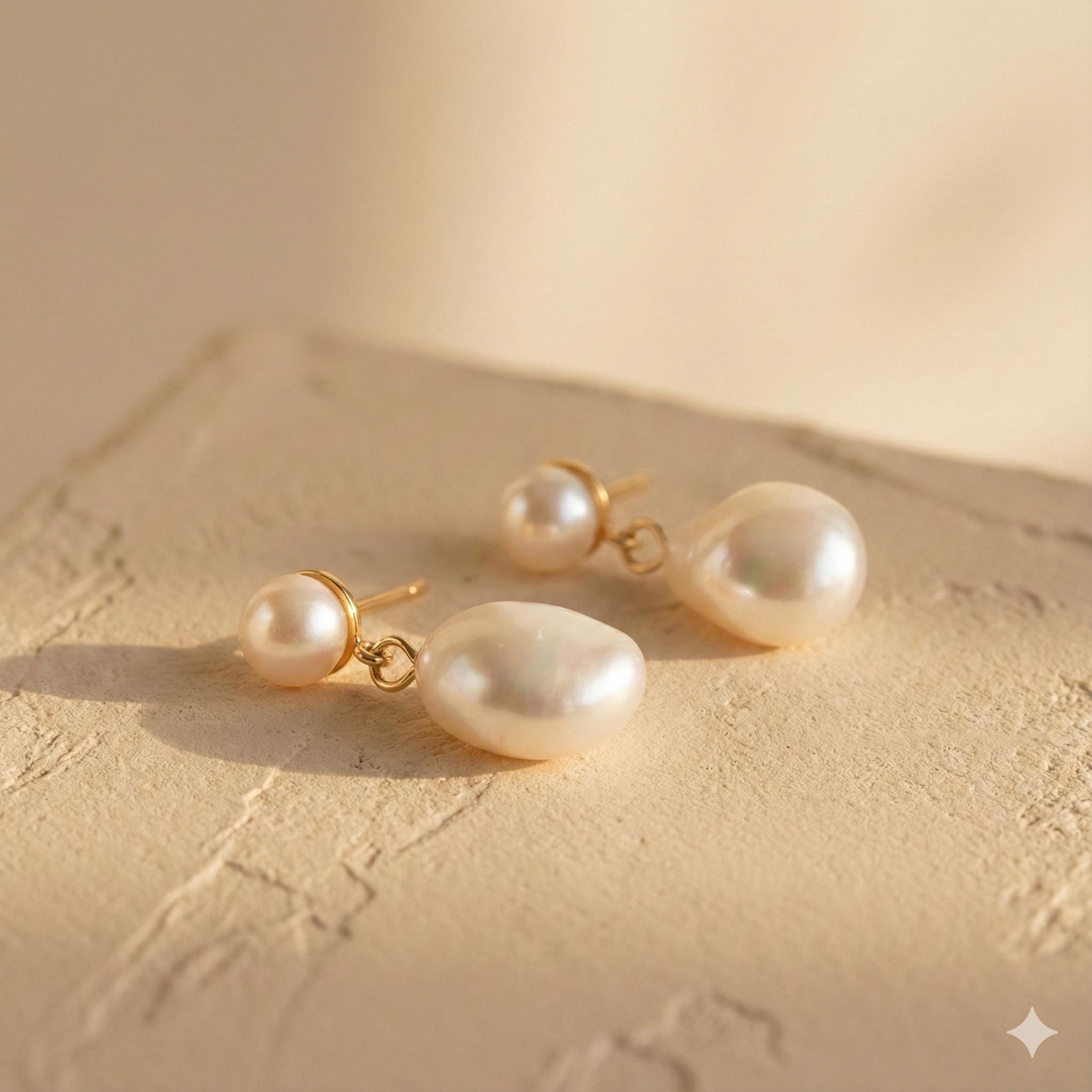 Caellia 14K gold plated sterling silver earrings featuring teardrop freshwater pearls.