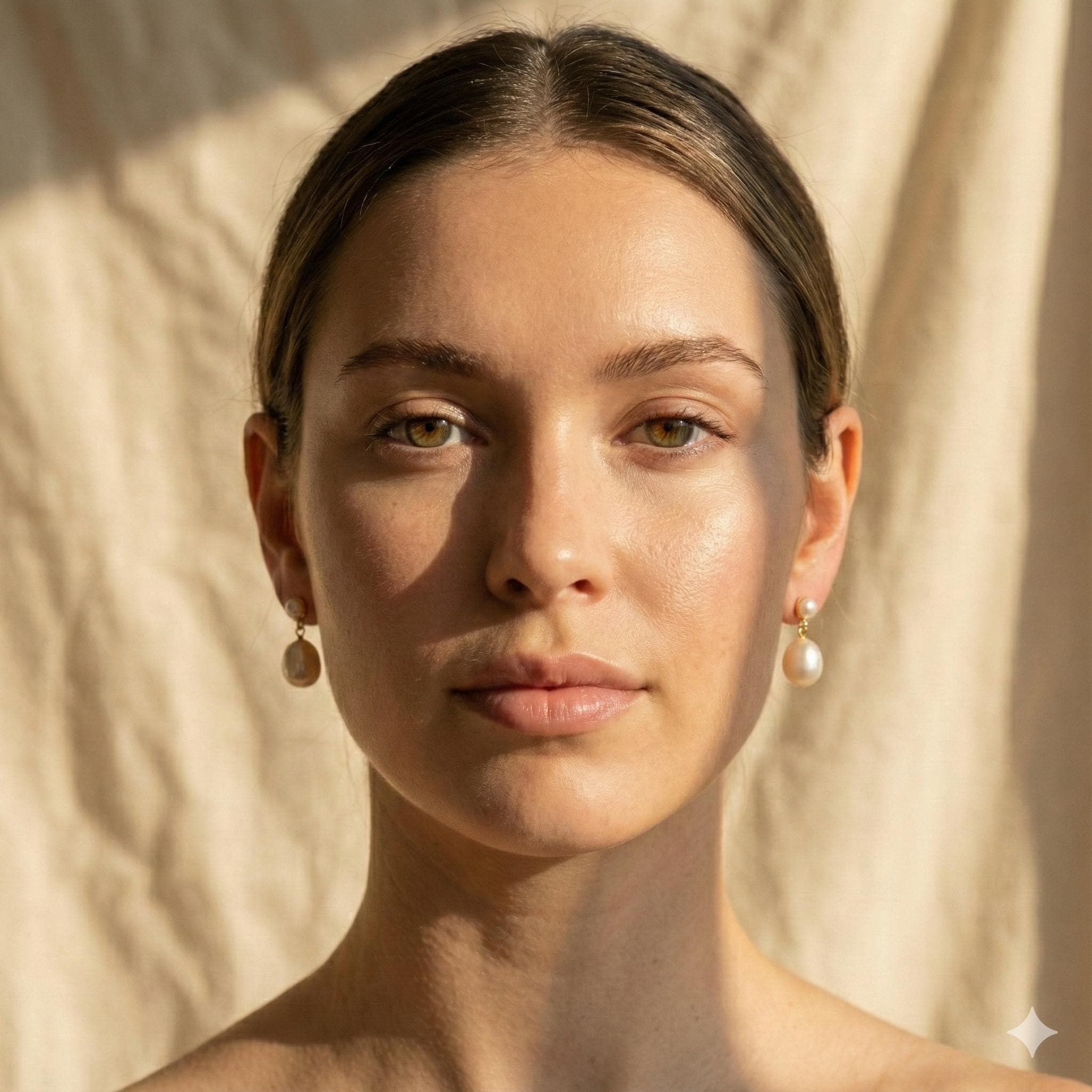 A woman wearing Caellia 14K gold plated sterling silver teardrop pearl earrings.