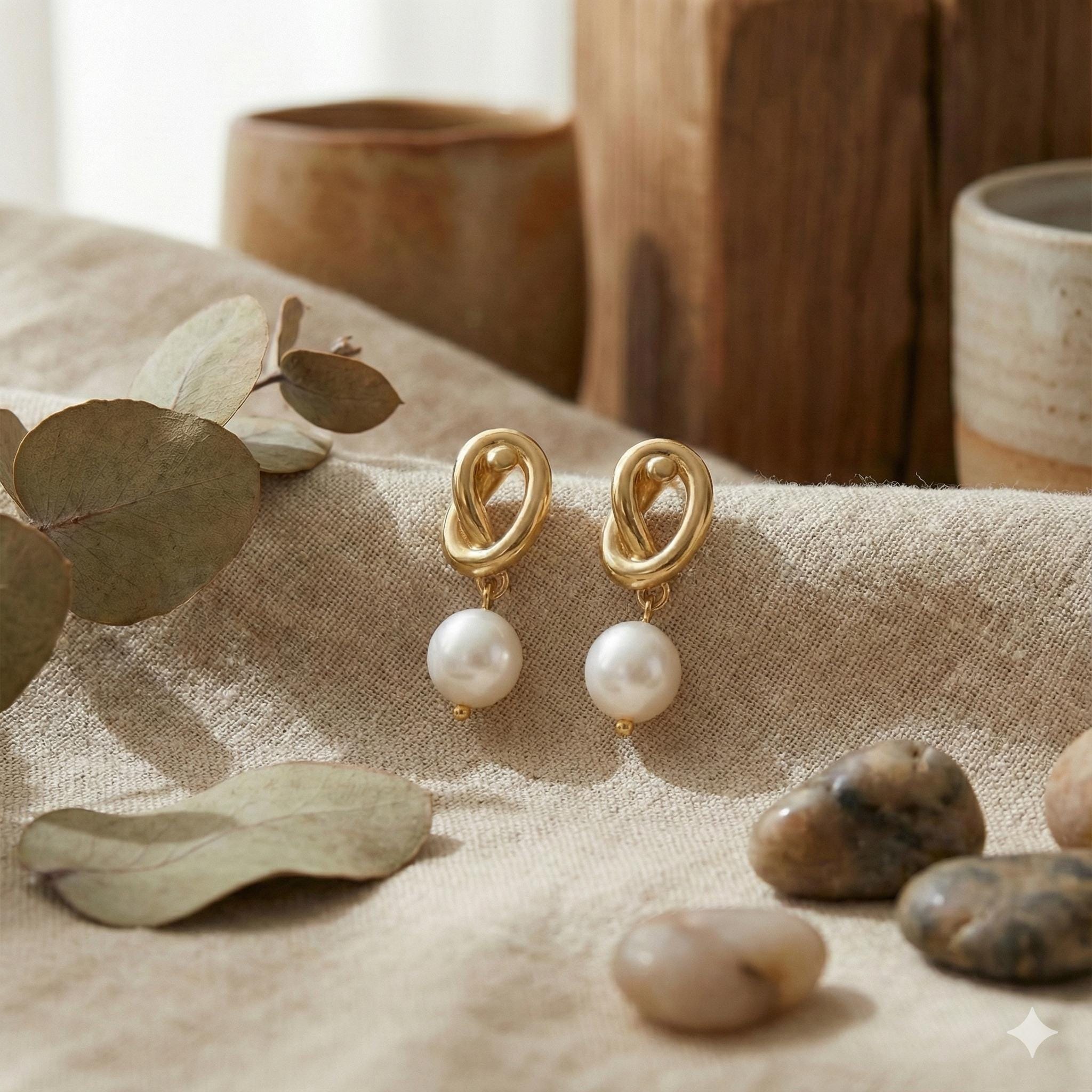 Caellia 14K gold knot earrings featuring dangling freshwater pearls on a textured fabric surface.