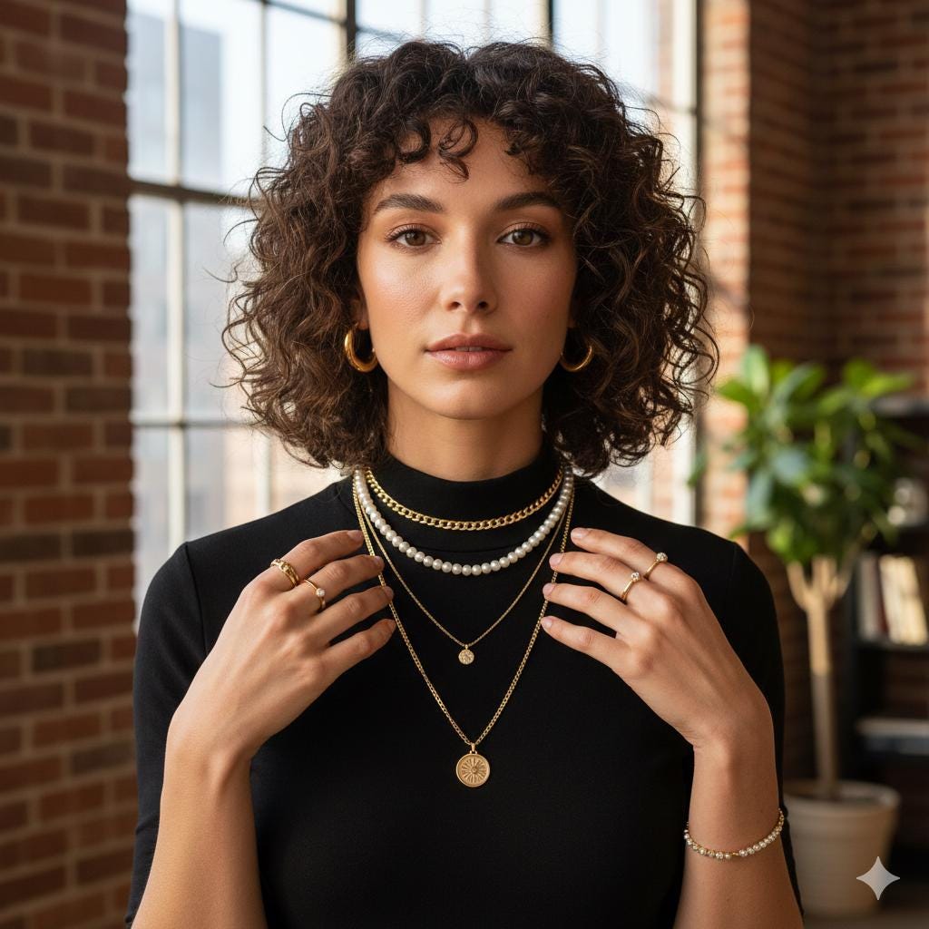 A woman wearing a Caellia 14K gold and freshwater pearl layered necklace set.