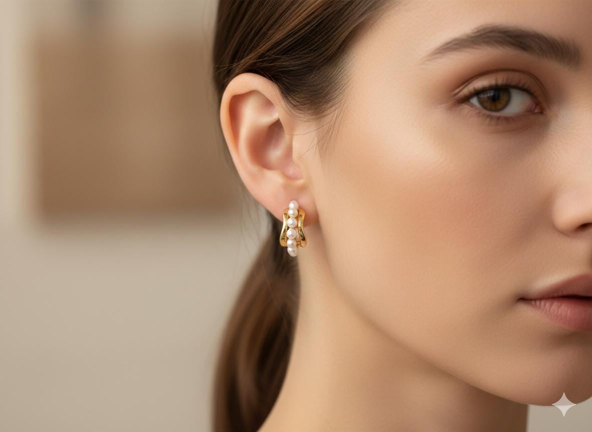 A woman wears Caellia 14K gold filled hoop earrings featuring a row of small freshwater pearls.