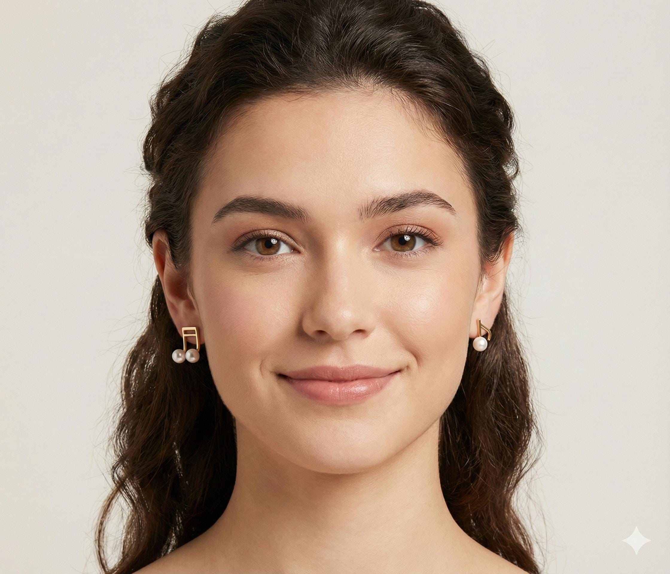 A woman wears Caellia 14K gold music note asymmetrical earrings featuring freshwater pearls.