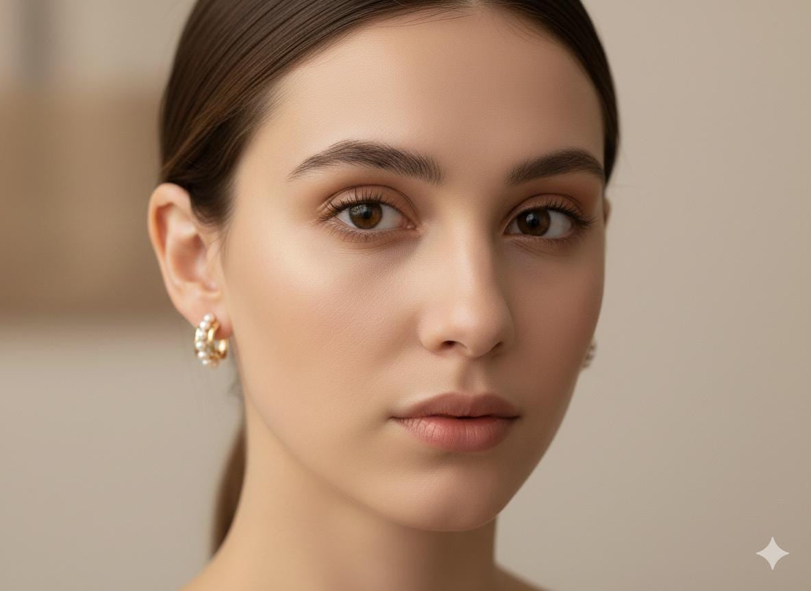 A woman wearing Caellia 14K gold filled freshwater pearl hoop earrings.