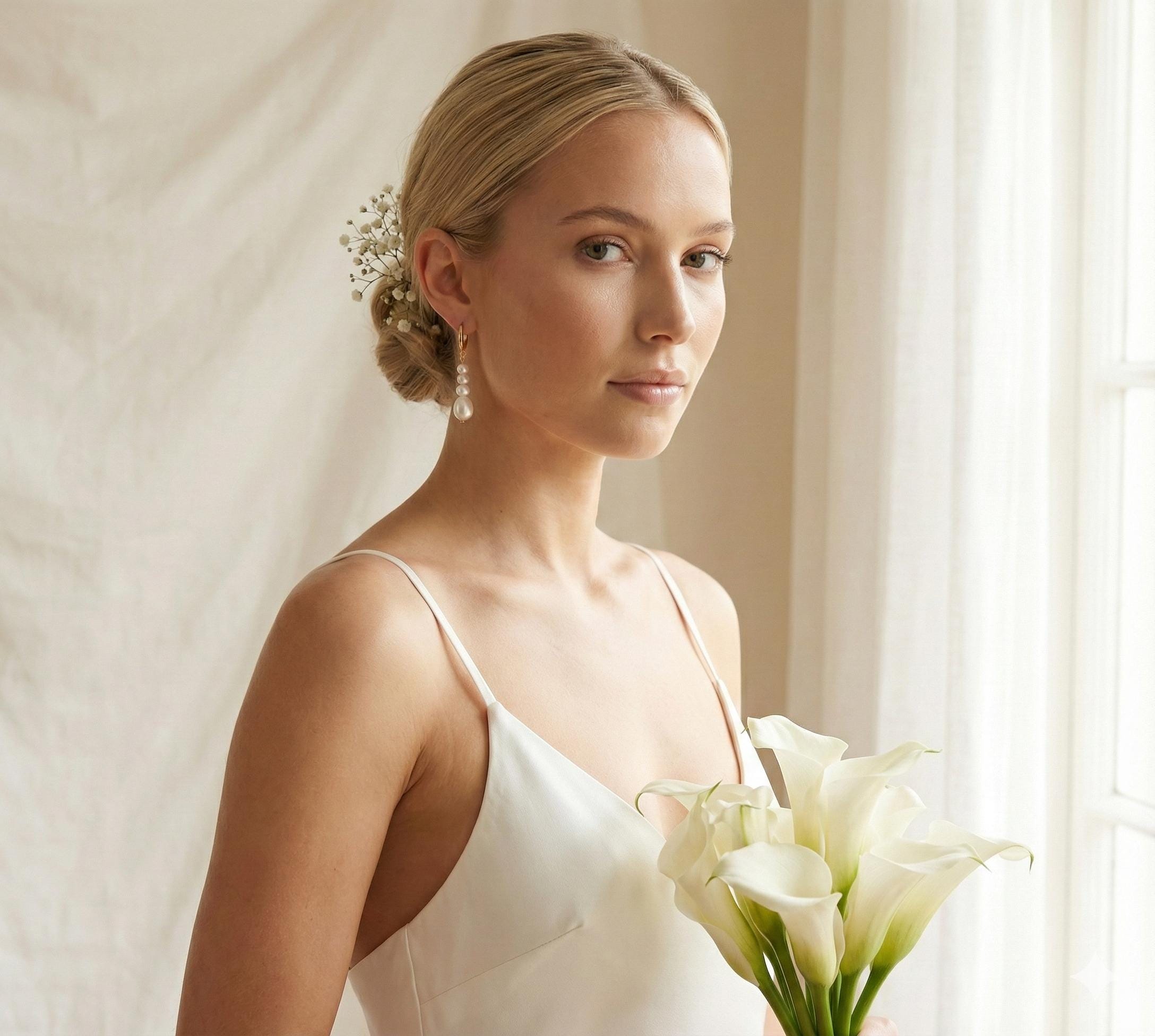 A bride wearing Caellia 14K gold hoop earrings with dangling baroque freshwater pearls.