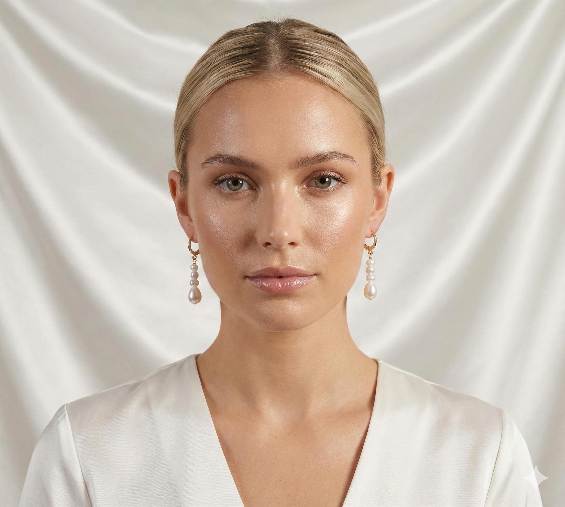 A model wears Caellia 14K gold hoop earrings featuring dangling baroque freshwater pearls.