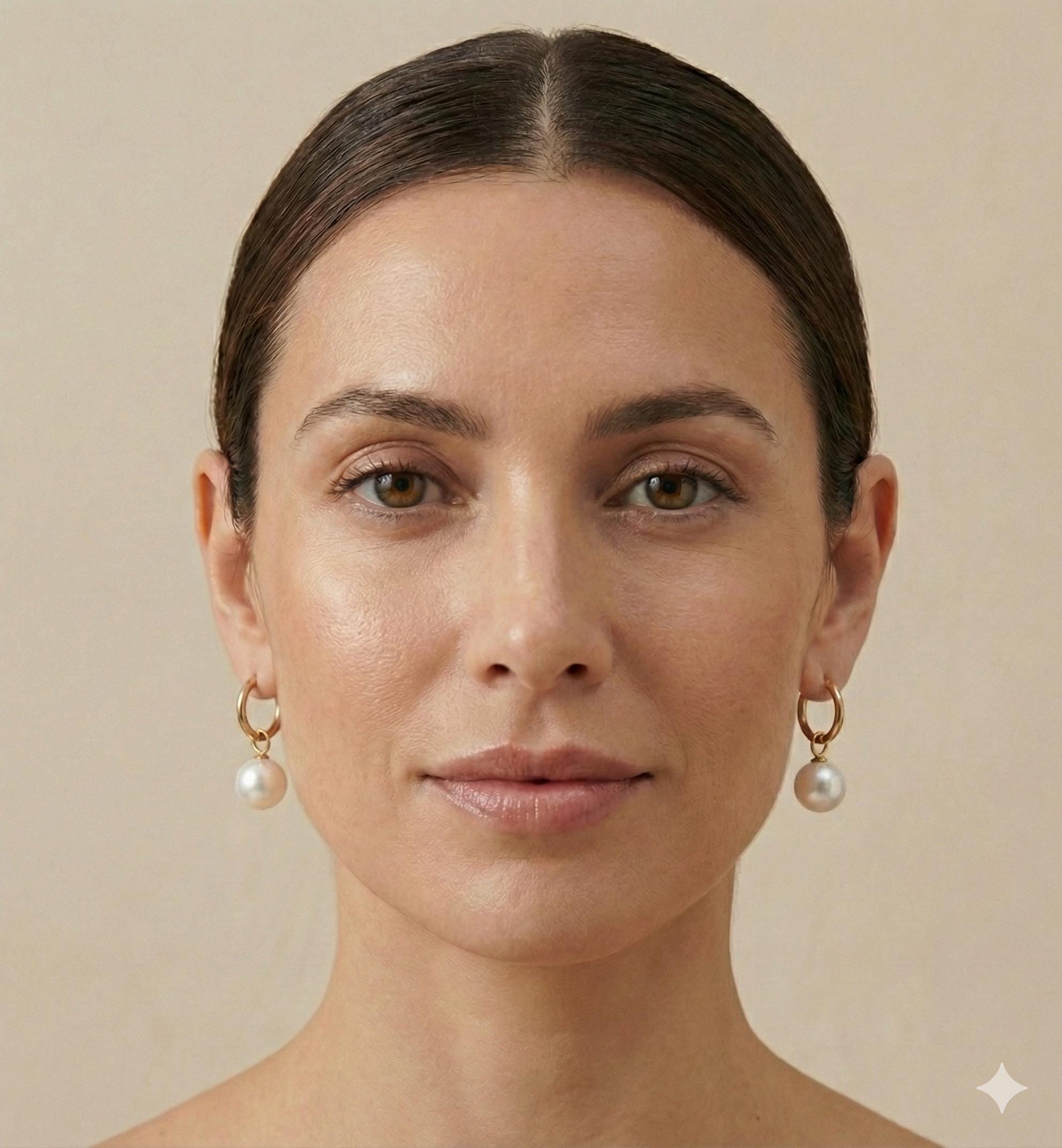 A model wearing Caellia 18K gold hoop earrings featuring a dangling freshwater pearl.