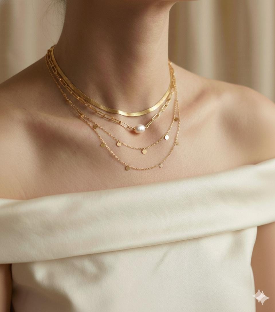 A model wearing a layered Caellia 18K gold necklace set featuring a baroque pearl and coin charms.