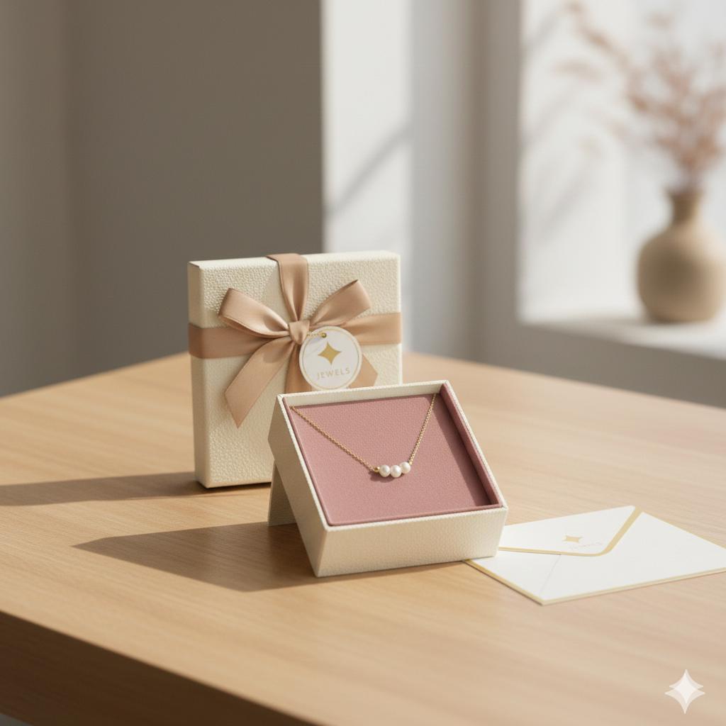 Caellia 18k gold dainty freshwater pearl choker necklace displayed in an open gift box.