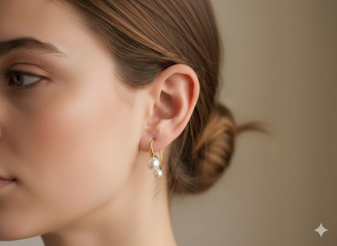 A model wears Caellia 18K gold plated freshwater pearl drop earrings on her ear.