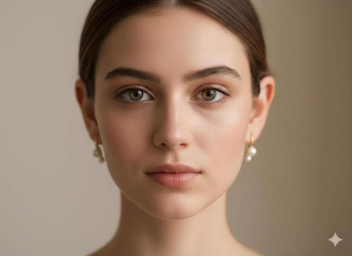 A woman wearing Caellia 18K gold plated freshwater pearl stud earrings.