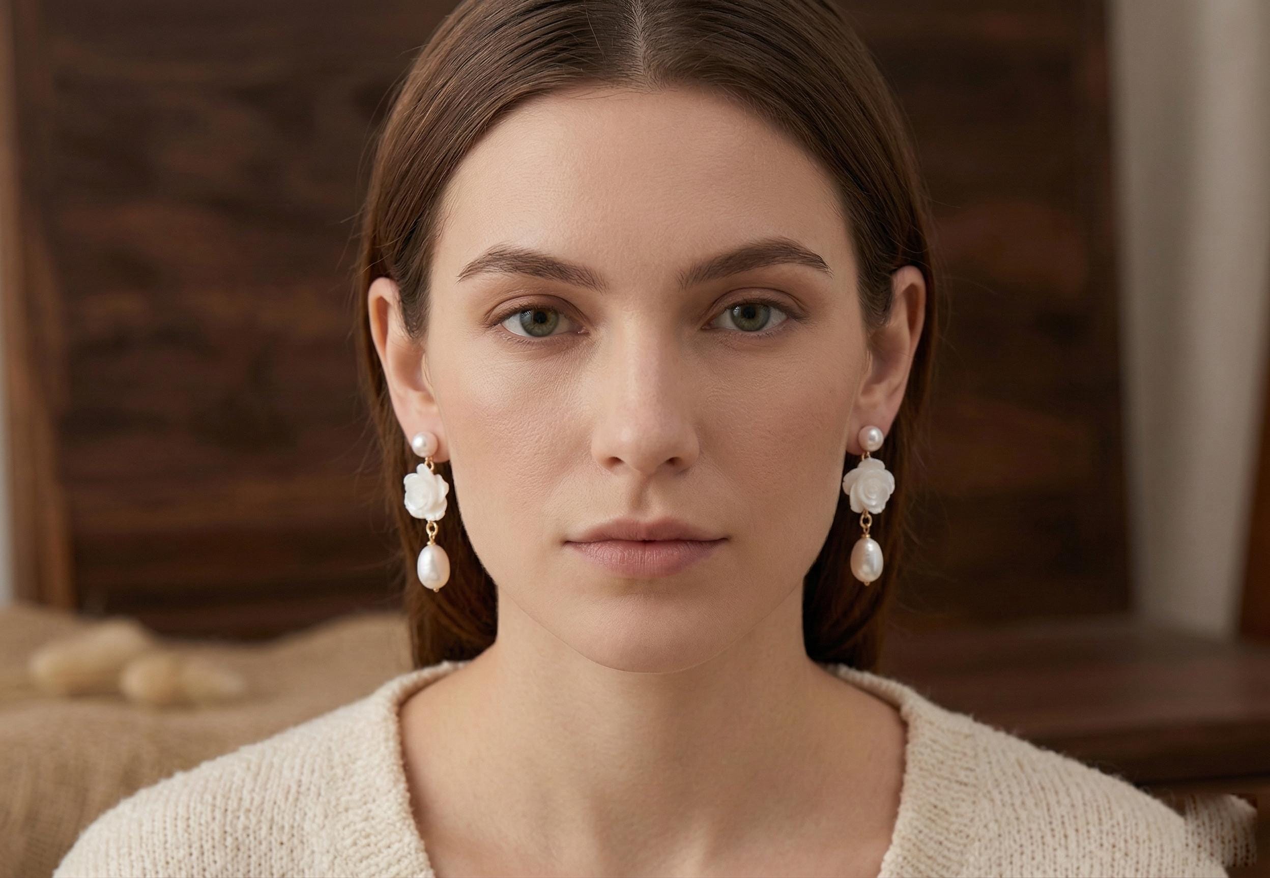 A woman wears Caellia 14K gold camellia flower earrings with dangling freshwater pearls.