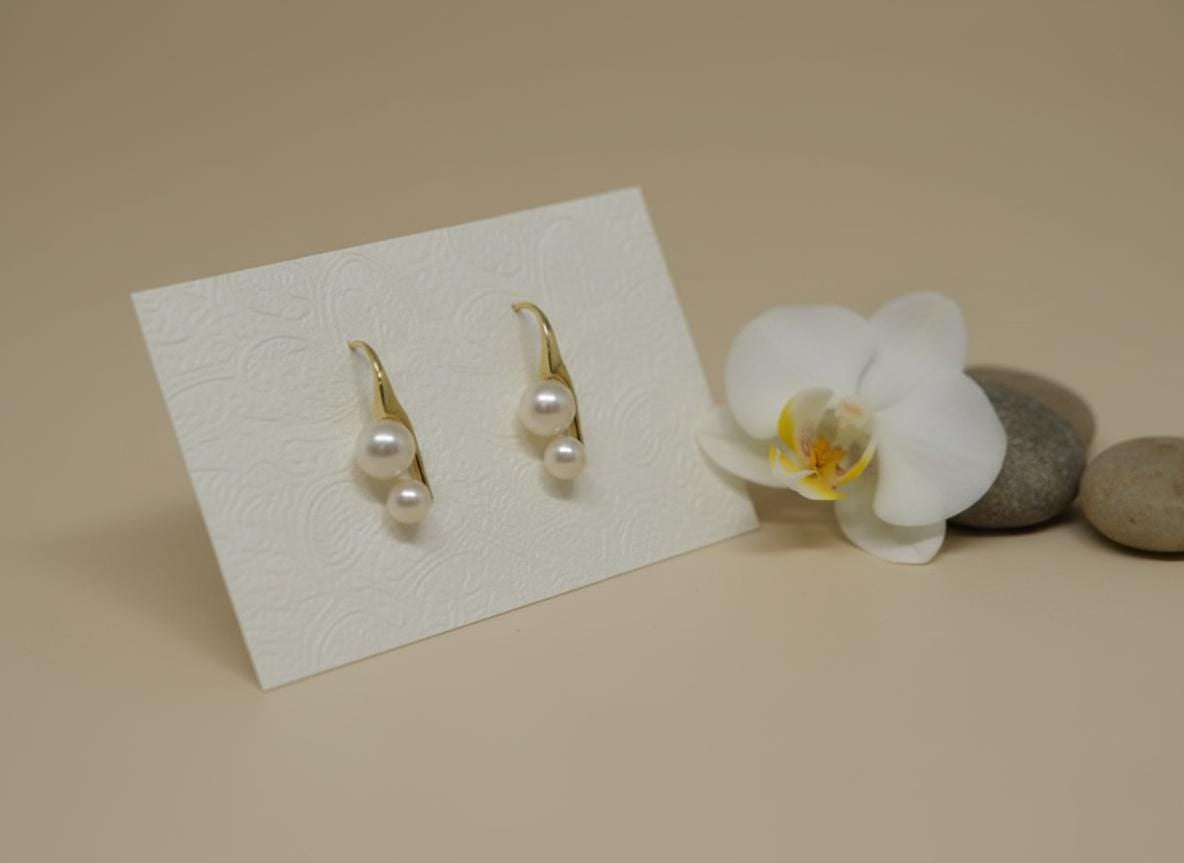 Caellia 18K gold plated stud earrings featuring two freshwater pearls on a display card.