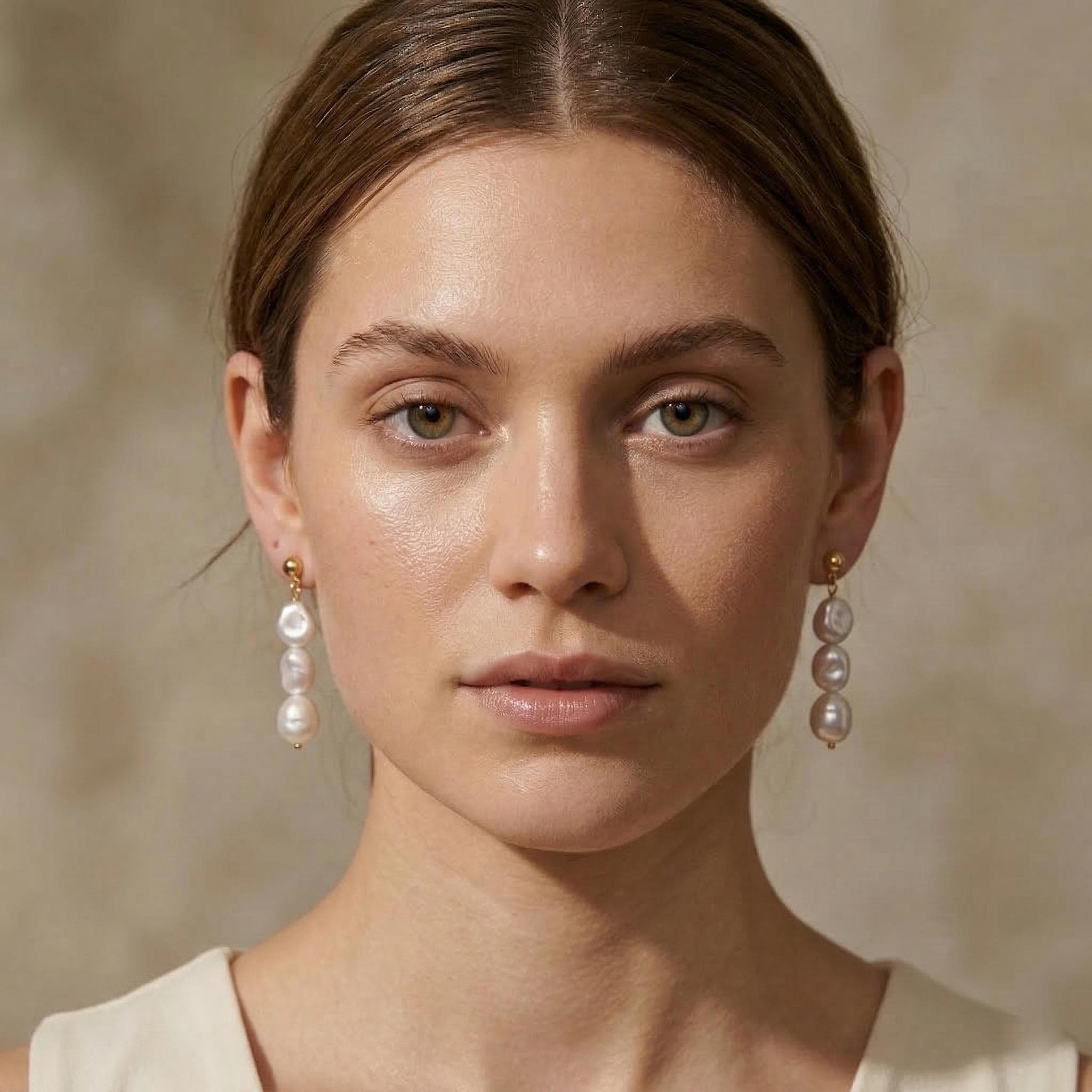 A model wears Caellia 14K gold triple freshwater pearl drop earrings.