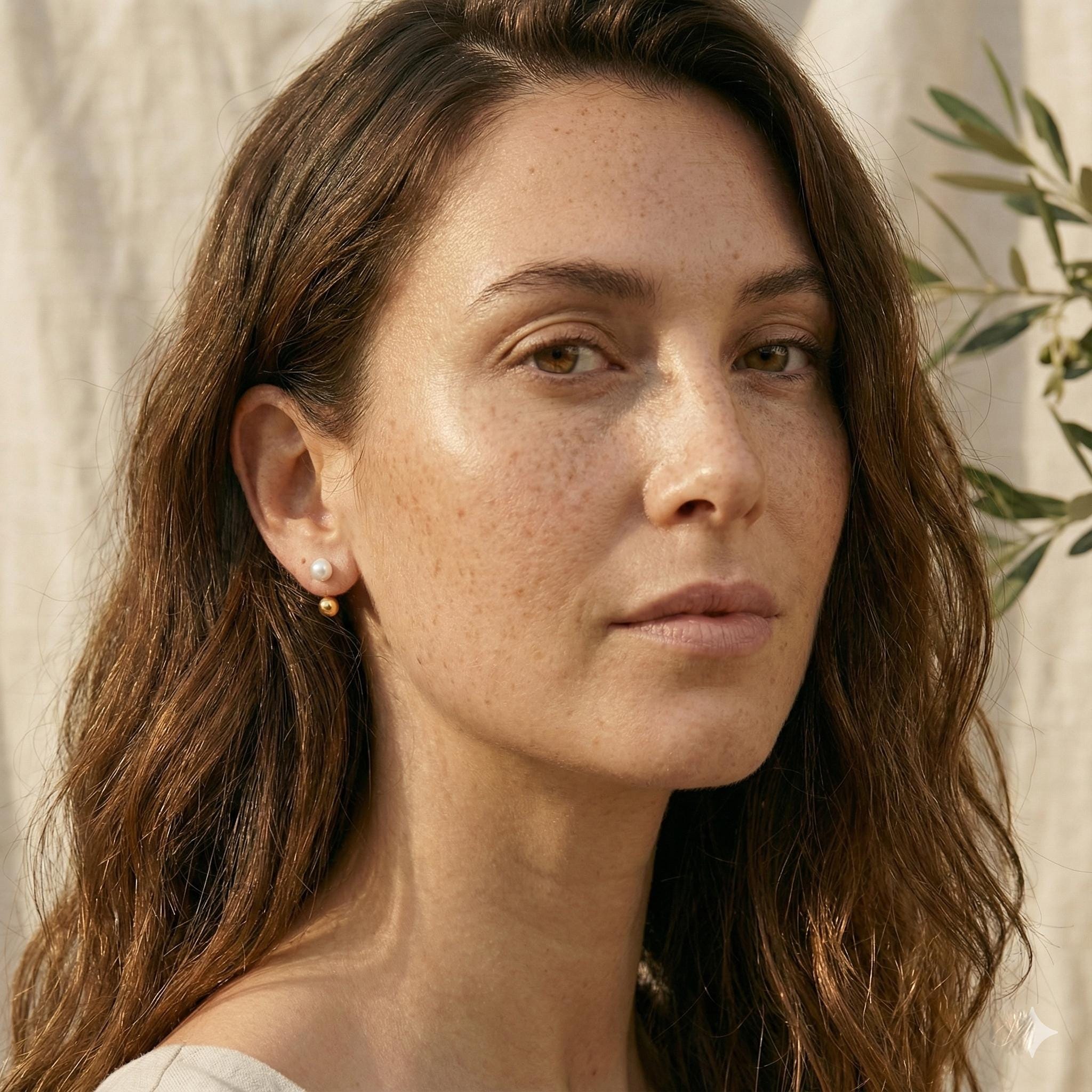 A woman wearing Caellia 14K gold double-sided freshwater pearl stud earrings.