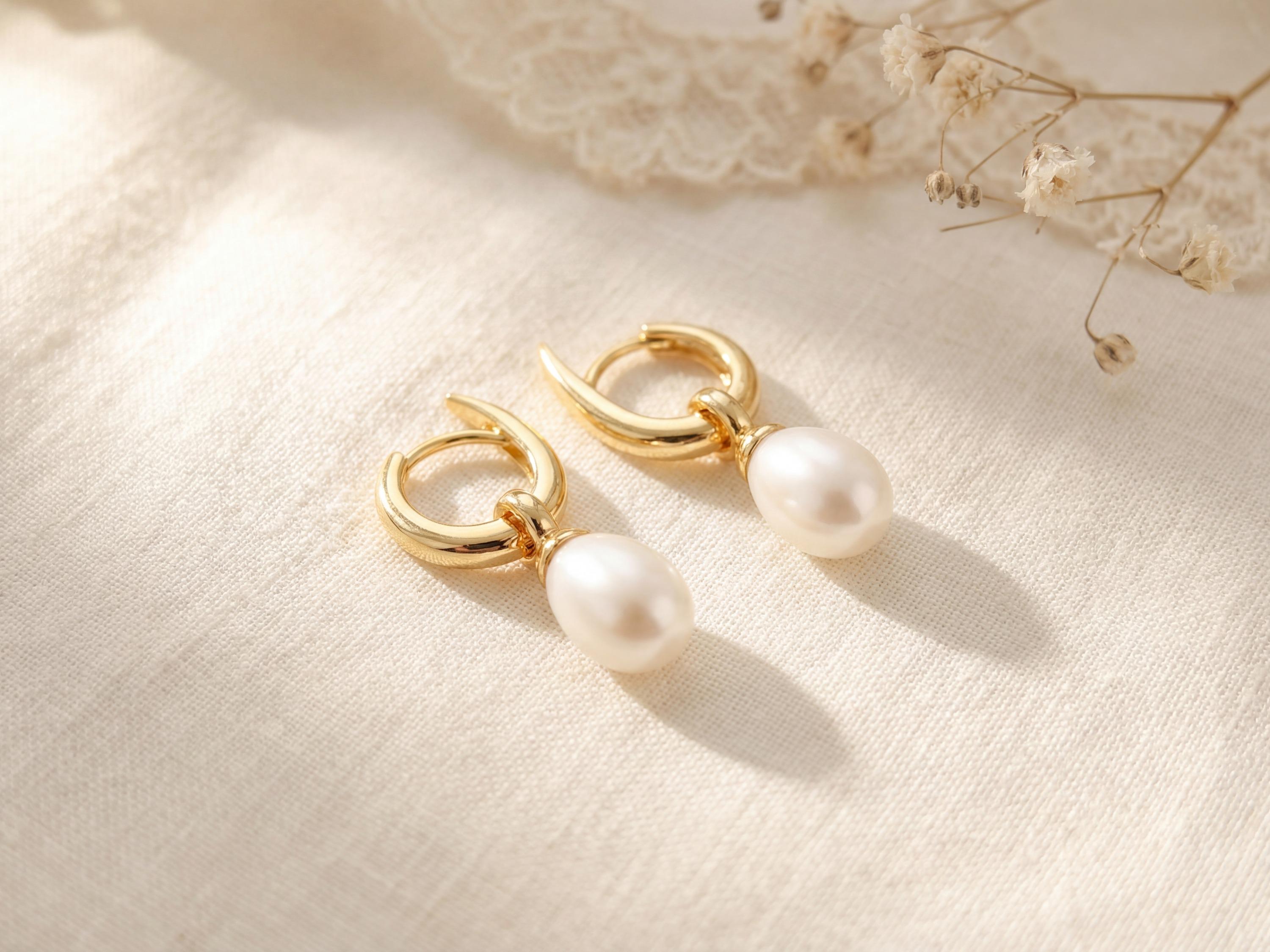 Freshwater Pearl Hoop Earrings: Gold Twist Dangle, Handmade